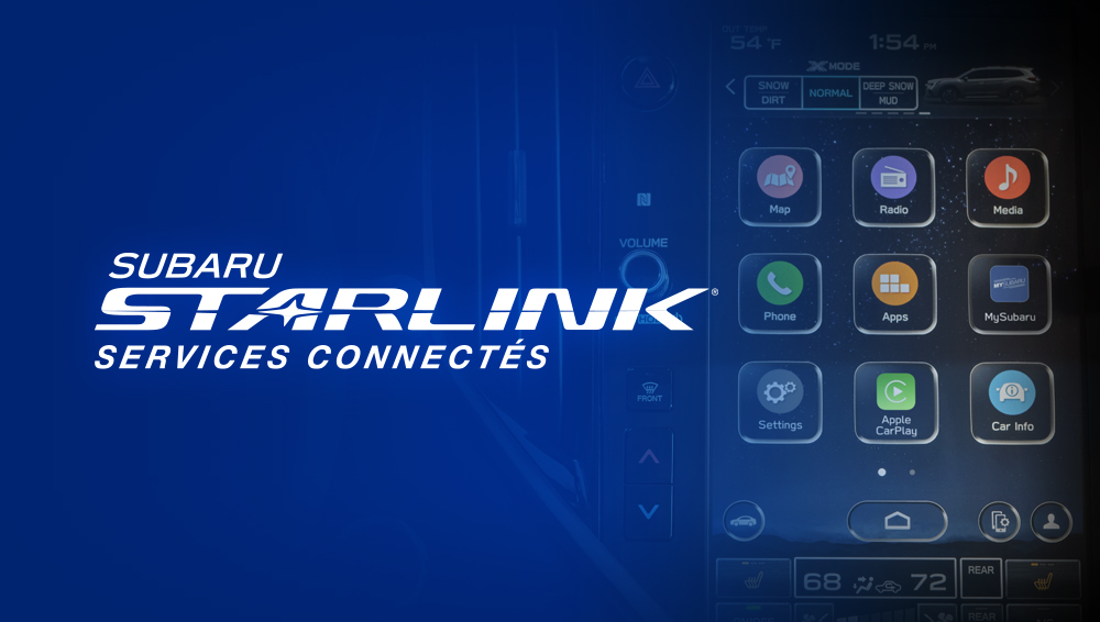 Logo des Services connectés Subaru Starlink superposé à une image intérieure de l’Ascent.