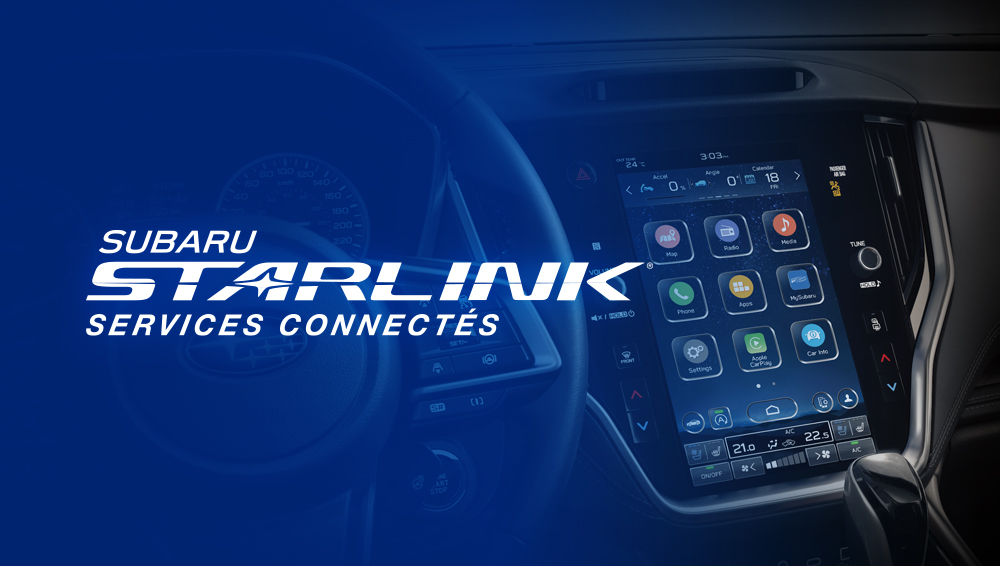 Logo des Services connectés Subaru Starlink superposé à une image intérieure de la Legacy.