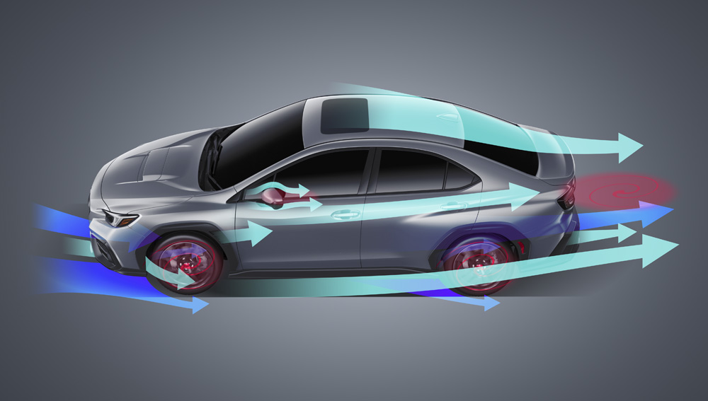 Image showing the aerodynamic form of the 2023 WRX.