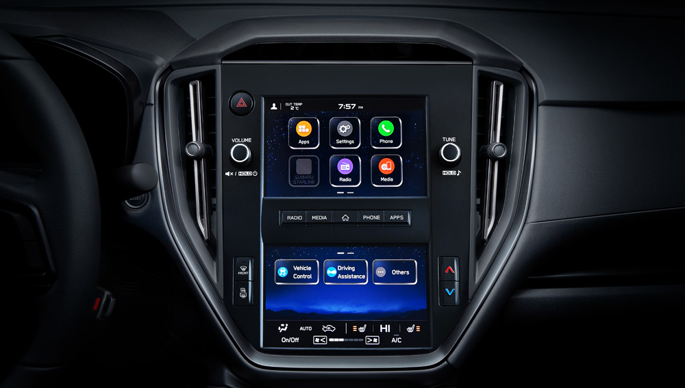 Infotainment system of 2023 WRX base trim.