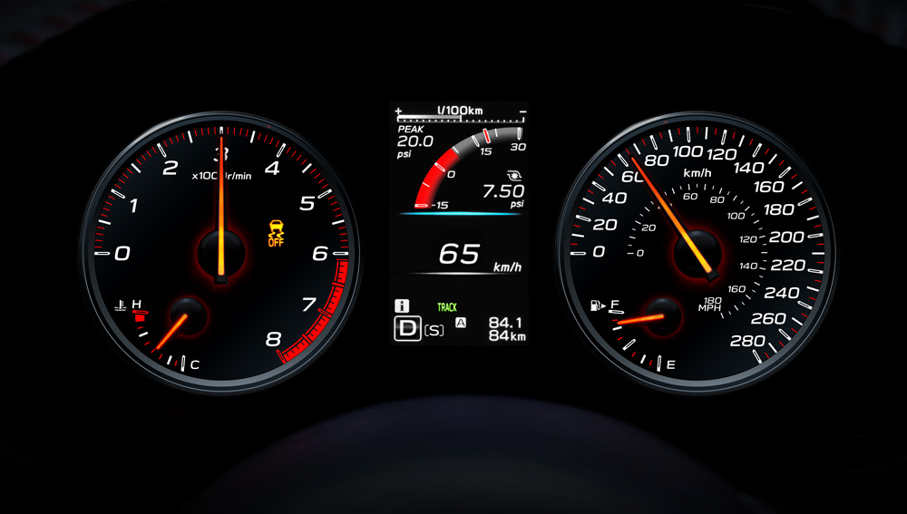 2023 Sport and Sport-tech with EyeSight front dash gauges.