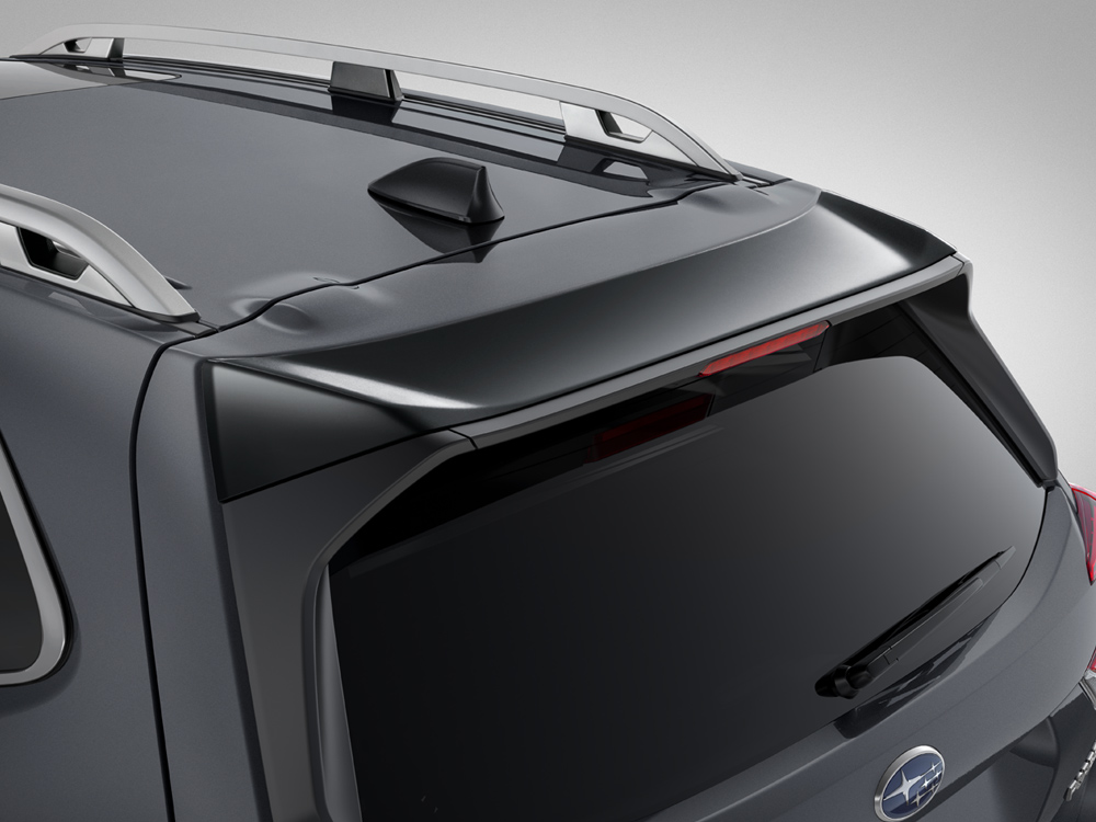 Close up of 2024 Forester rear roofline spoilers