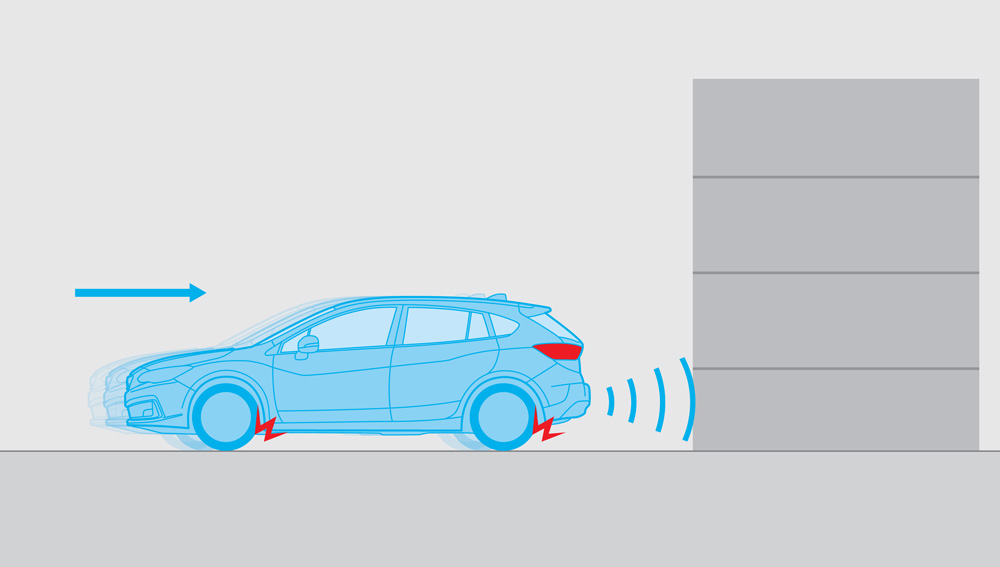 Illustration showing how Reverse Automatic Braking works.