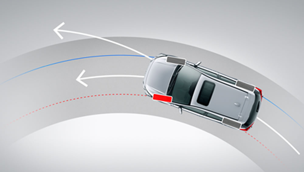 Illustration showing the vehicle dynamics control helping to keep the Impreza stable and within its lane.