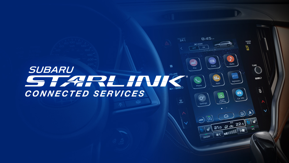 Subaru Starlink Connected Services text over Outback dashboard image.