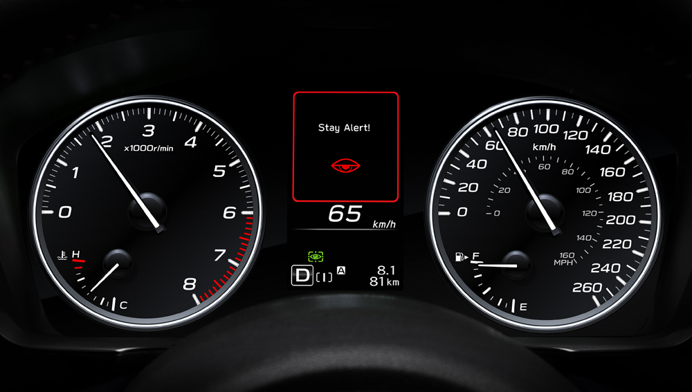 DriverFocus™ warning on front dash gauges of 2024 Impreza Sport-tech.