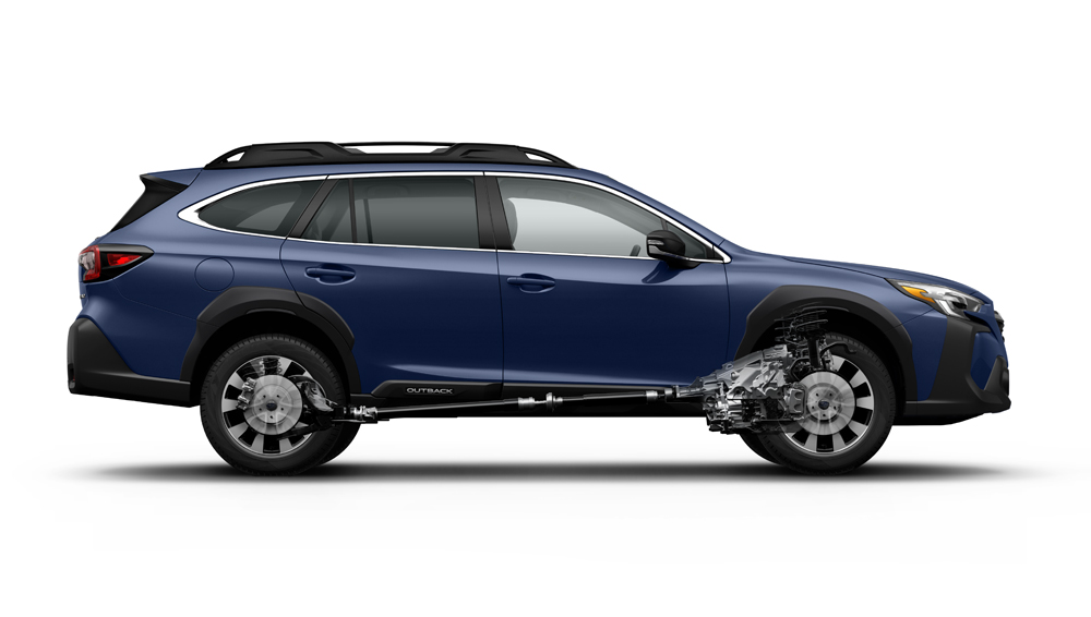 Side shot of 2024 Outback with cut-away showing transmission and driveshaft.