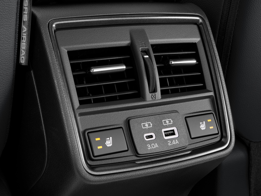 Image of the rear centre console with air vents and rear heated outboard seats for 2026 Forester Limited to Premier trims.
