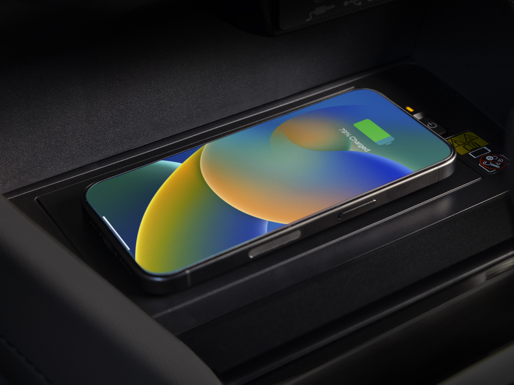 Close up shot of the wireless phone charger for 2026 Forester Touring to Premier trims.