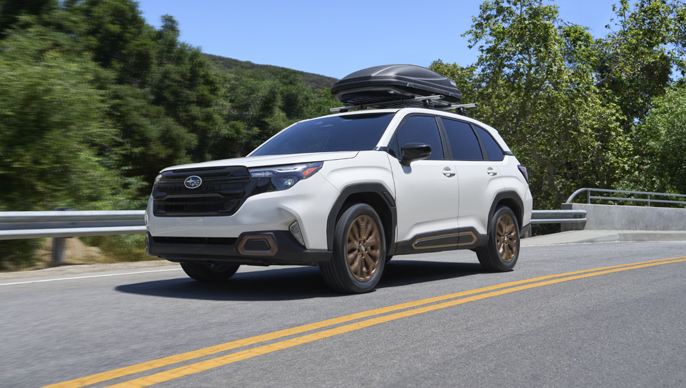 Illustration du fonctionnement du contrôle de la dynamique du véhicule dans une Forester 2026 sur une route sinueuse.