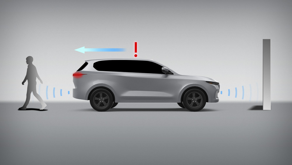 Diagram of how Reverse Automatic Braking works.