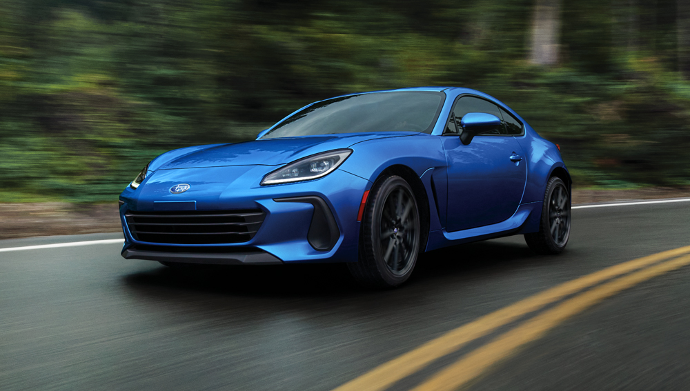 BRZ on a wet road showing the braking system helping to stop the vehicle.