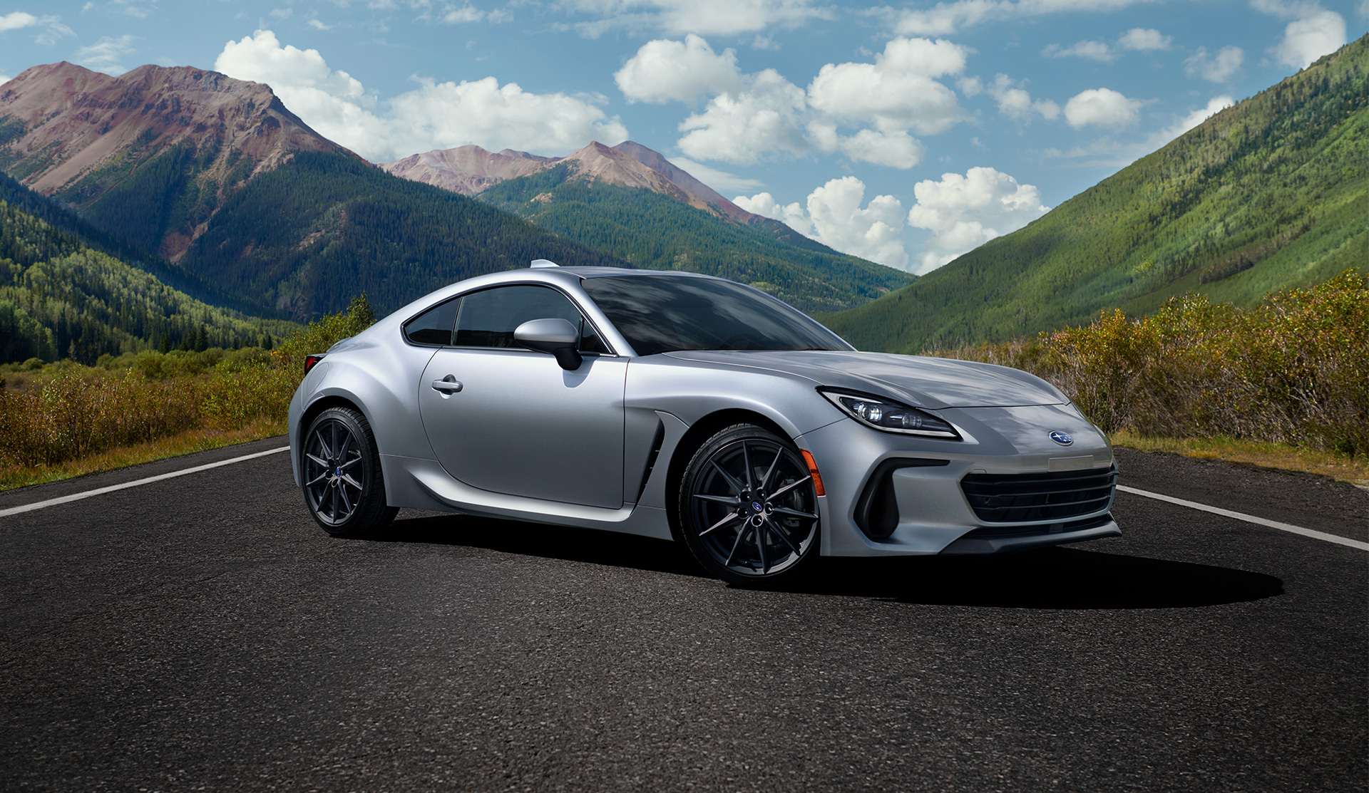 Front quarter shot of parked 2024 BRZ on the road.