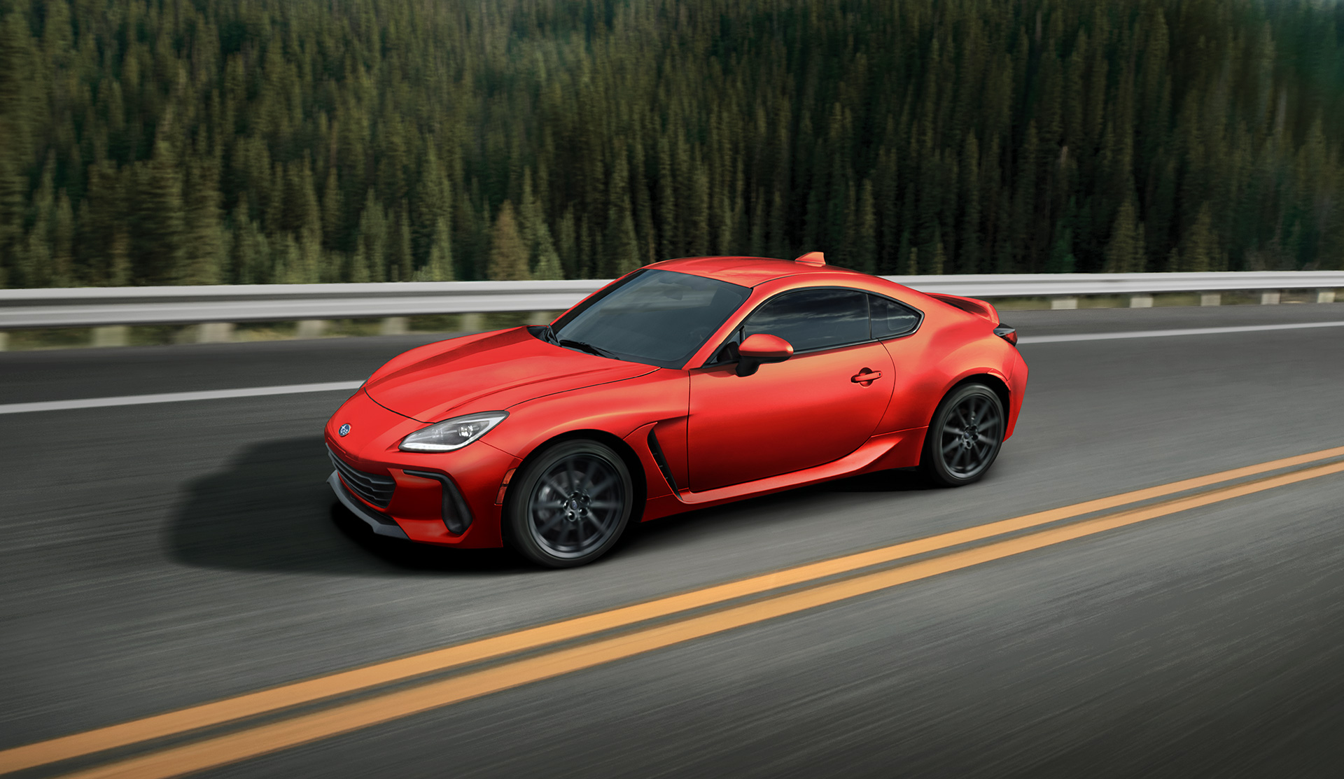 2024 BRZ driving on the road, front quarter showing.