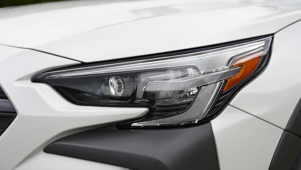 Closeup of the 2024 Outback standard LED headlights.