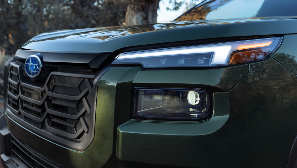 Closeup of the 2026 Outback standard LED headlights.