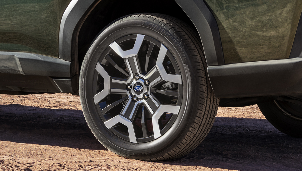 Closeup of an aluminum alloy wheel for the 2026 Outback.
