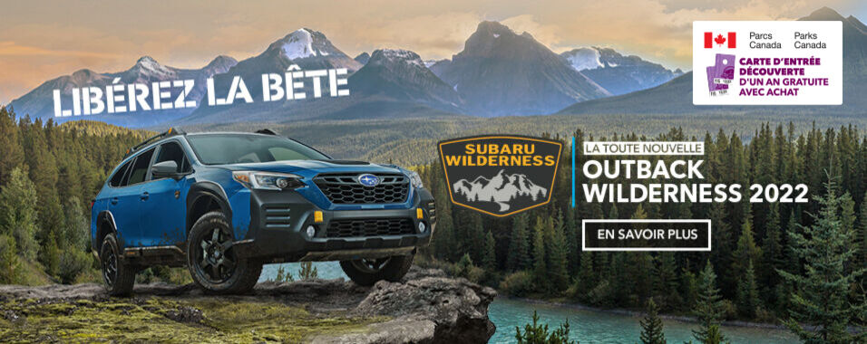 Subaru Outback Wilderness 2022 bleue stationnée en pleine nature.