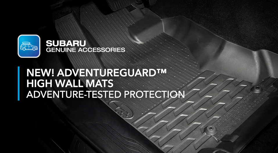 A shot of the driver side AdventureGuard floor mat with the text “New! AdventureGuard™ High Wall Mats Adventure-Tested Protection
