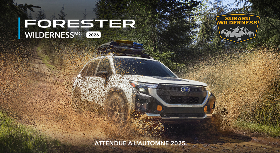 Subaru Forester Wilderness 2026 éclaboussant au passage dans une flaque de boue.
