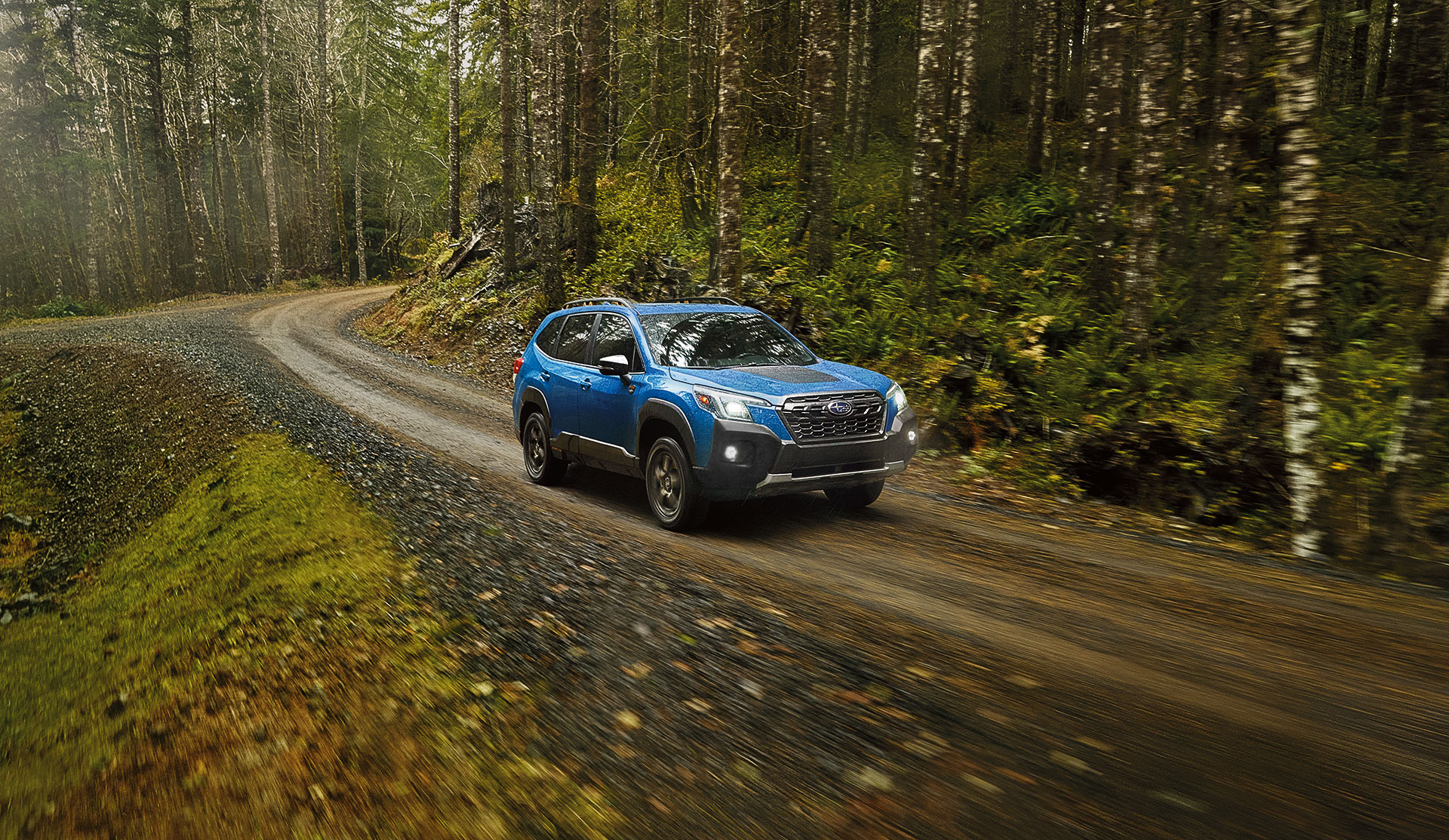 Front shot of 2023 Forester Wilderness driving on a forest trail.