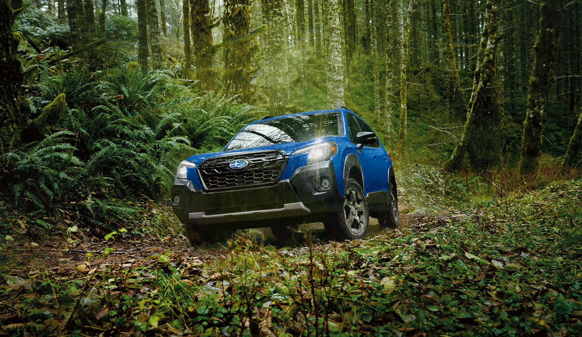 Front shot of 2024  Forester Wilderness making its way up through an off-road trail.